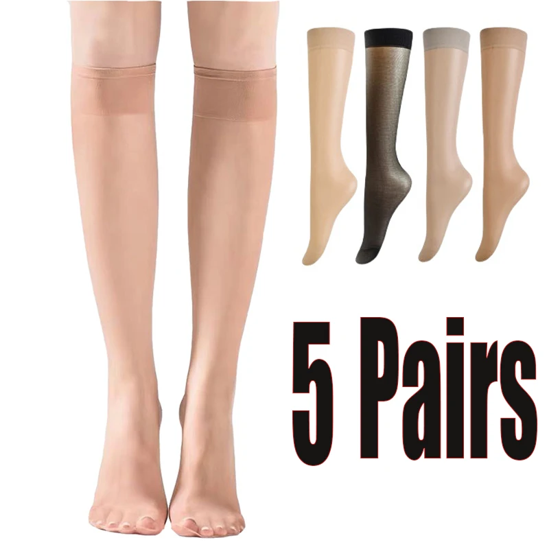 5 pares = 10 pçs mulheres meias de náilon ultra-finas elasticidade transparente senhoras meias de joelho de alta qualidade meias longas para meninas meia
