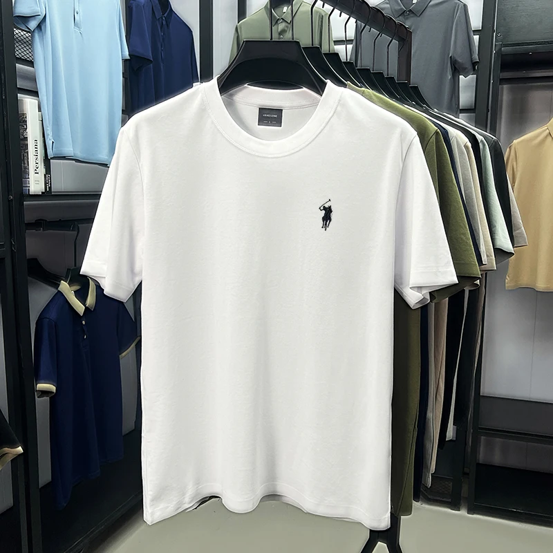 ที่มีคุณภาพสูงผ้าฝ้าย mercerized breathable แขนสั้นเสื้อยืดผู้ชายออกแบบฤดูร้อนใหม่พอลแบรนด์เย็บปักถักร้อยแฟชั่นเกาหลีลำลองรอบคอด้านบน