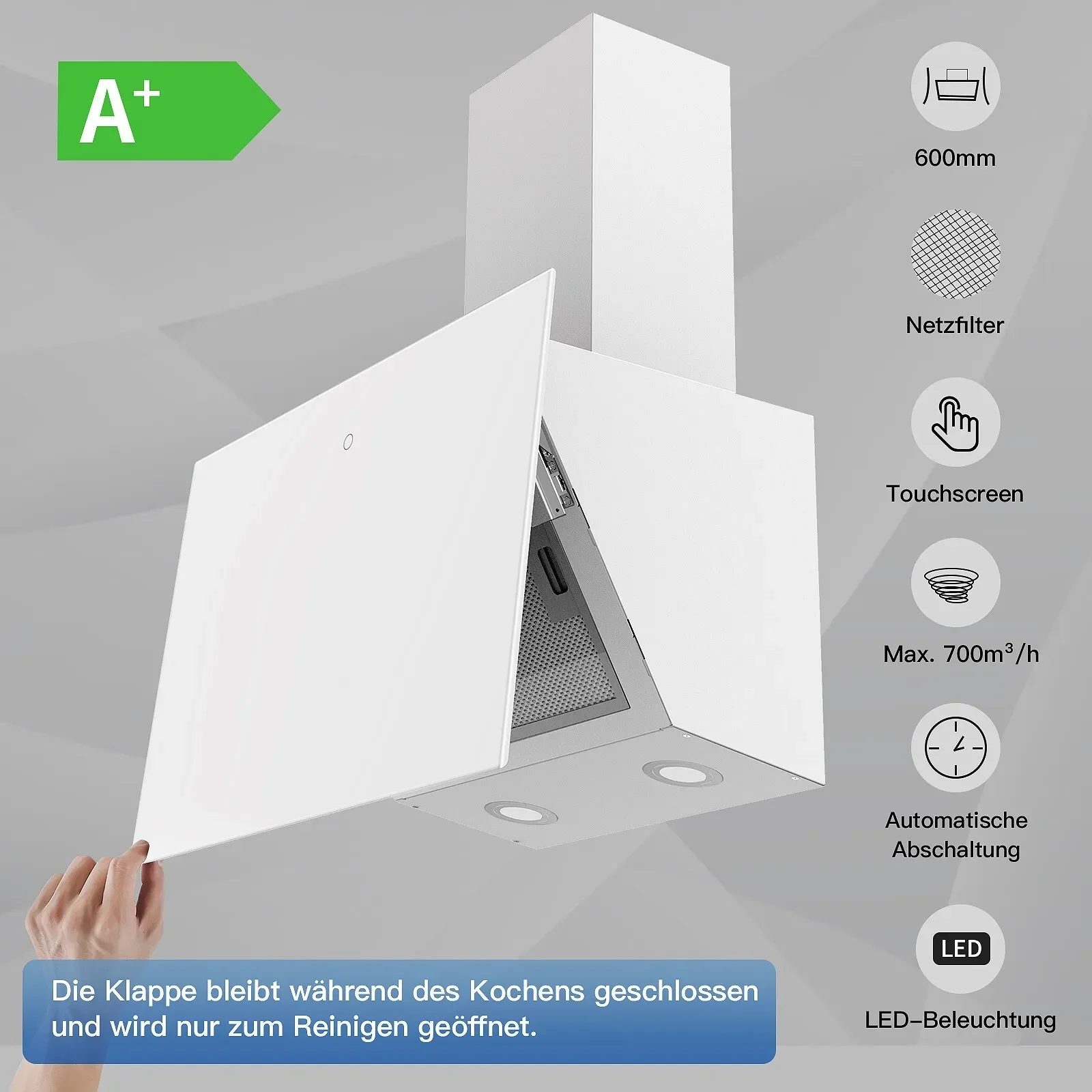Capa de parede Topstrong com tela sensível ao toque de 60 cm com taxa de extração de 700 m3/h e filtros laváveis EUGV1360W