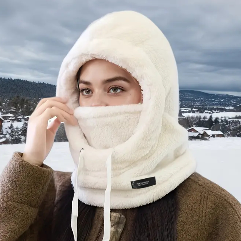 Women's Winter White Plush Fleece Hood Lightweight Ski Mask for Outdoor Sports Cycling Running Hiking Cold Weather
