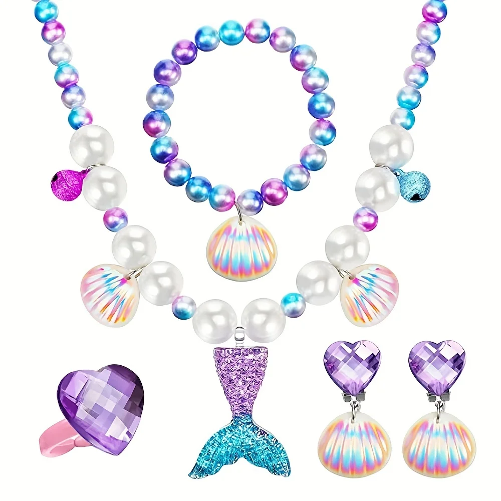 Juego de juguetes de vestir para niña, joyería de sirena, collar de concha, pulsera, anillo, pendientes, para disfraz de fiesta de sirena y suministro, 5 uds.
