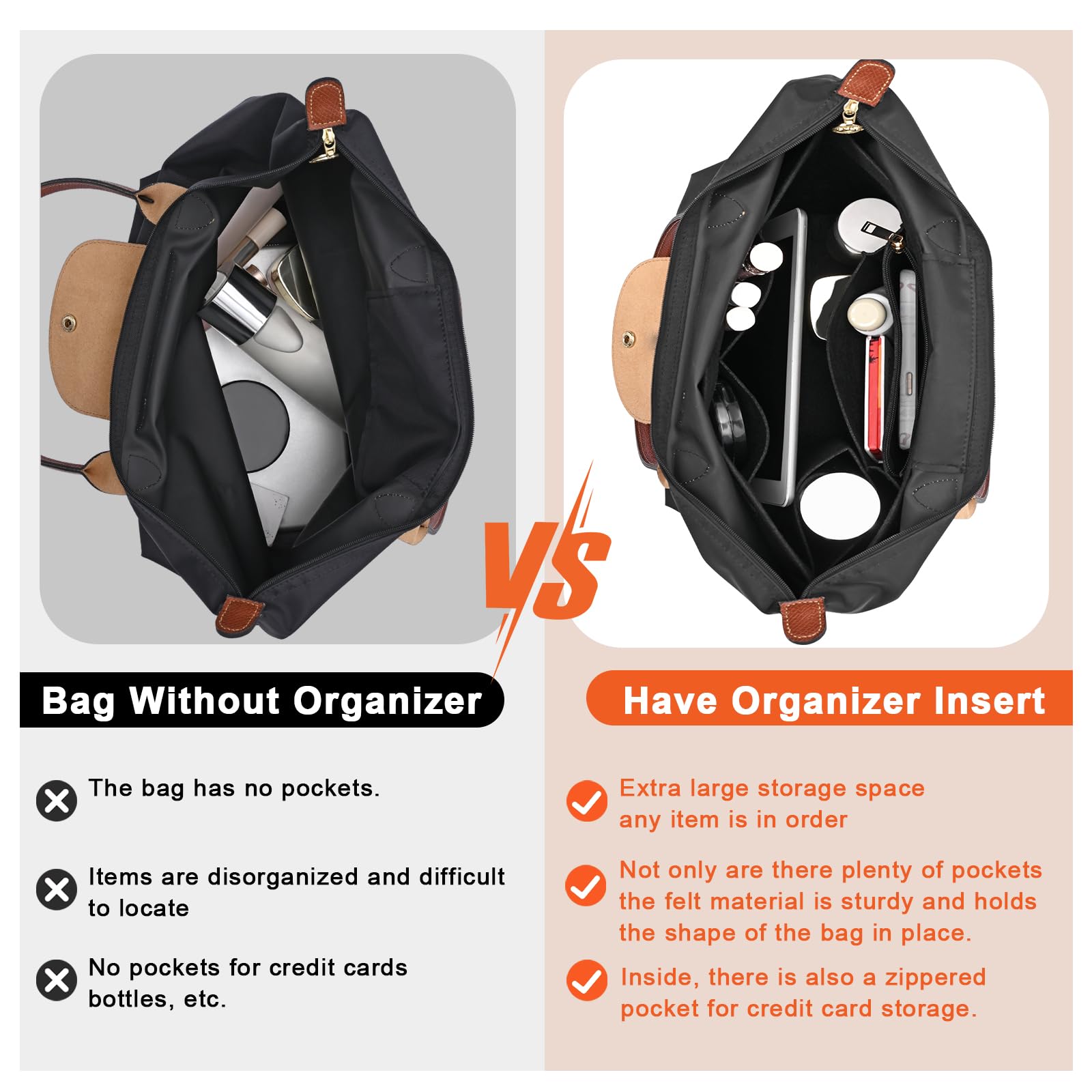 Inserto organizador de bolso, organizador de bolsa de fieltro para organizador de bolso, 5 colores, 3 tamaños