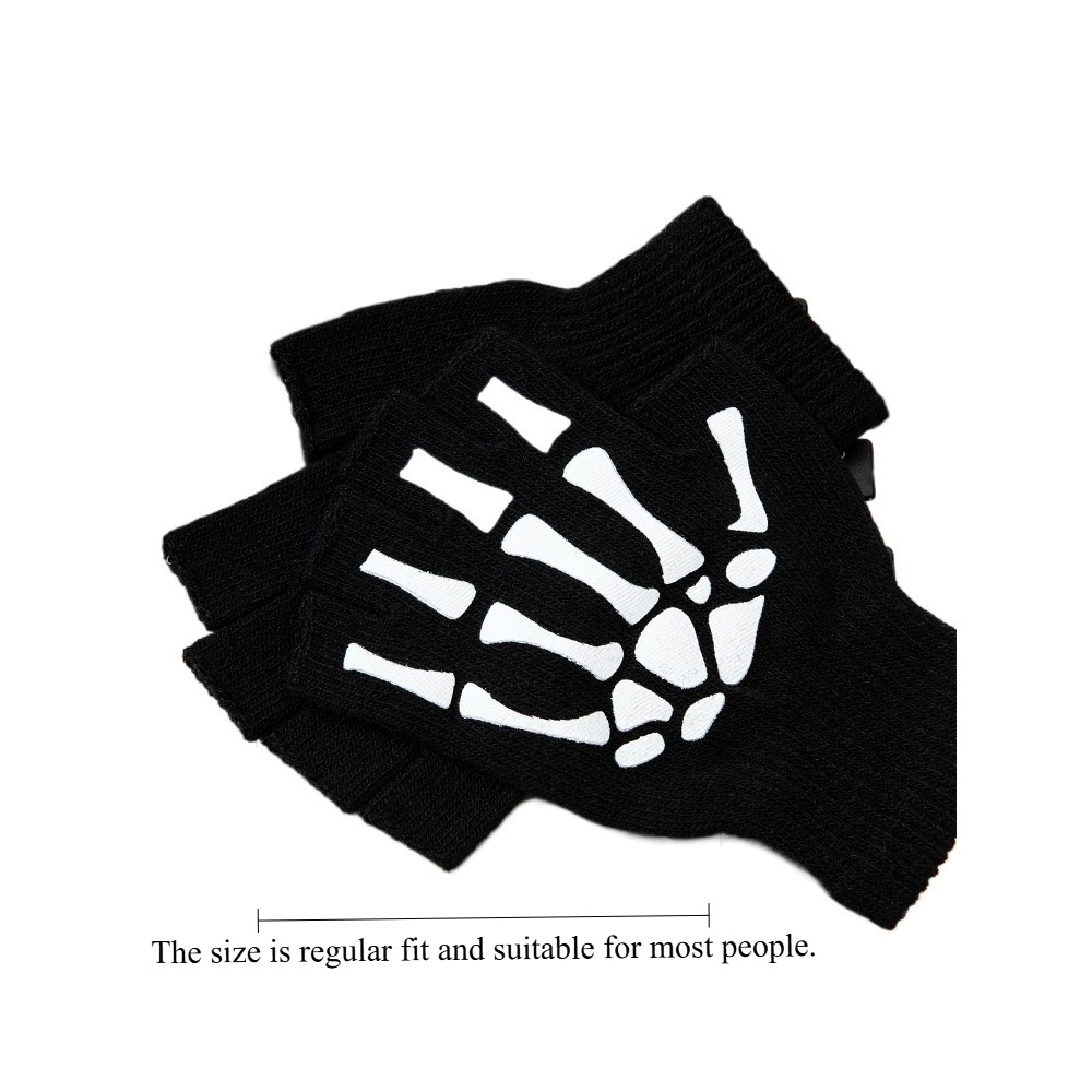 1pcs New Halloween Skeleton Skull Half Finger Punk Gloves Winter Skull Fingerless Black Mitten