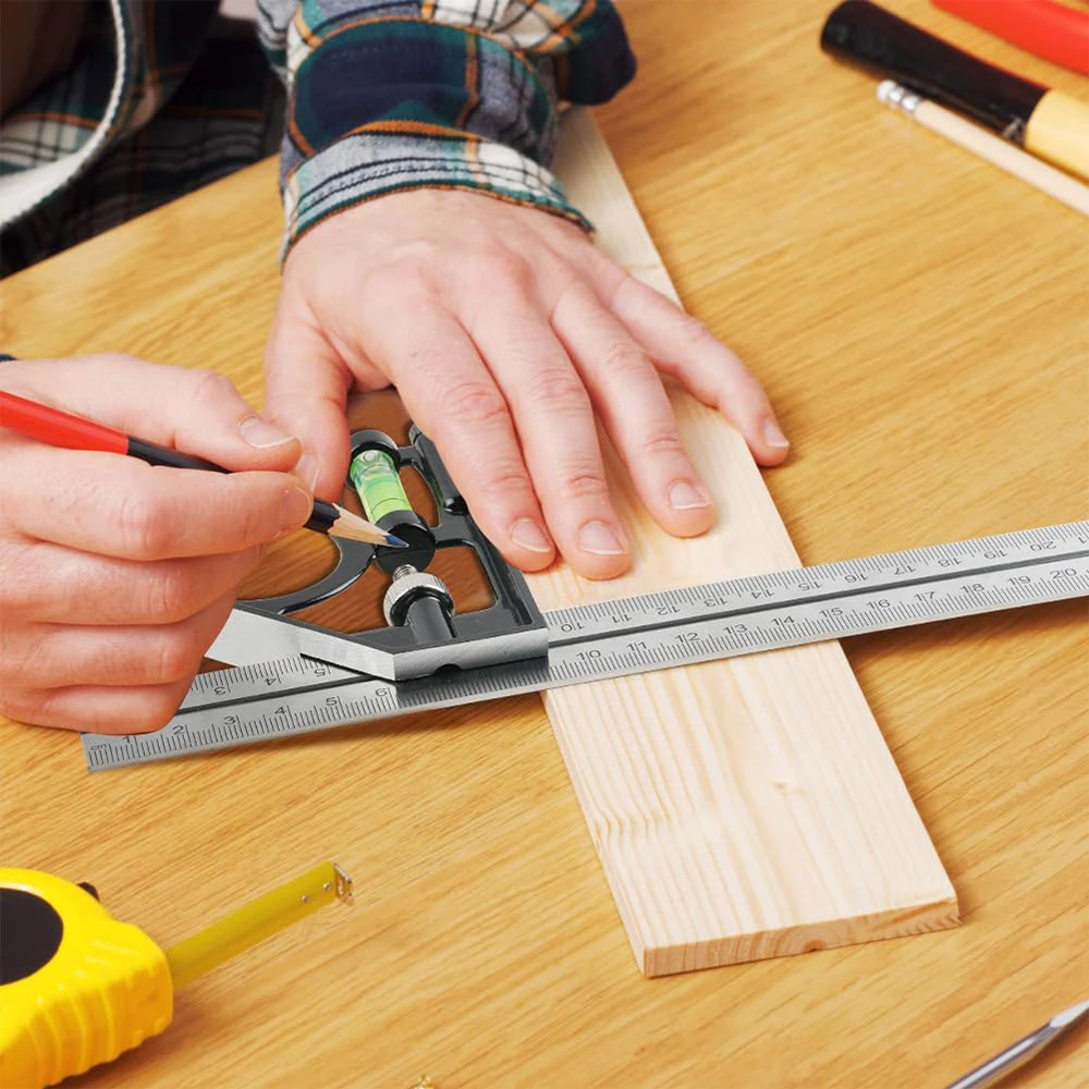 300MM Square Head with Aluminium Handle, 45/90 Degree Angle, Stop Angle Ruler with Level and Marking Pin, Angle Measuring Tool