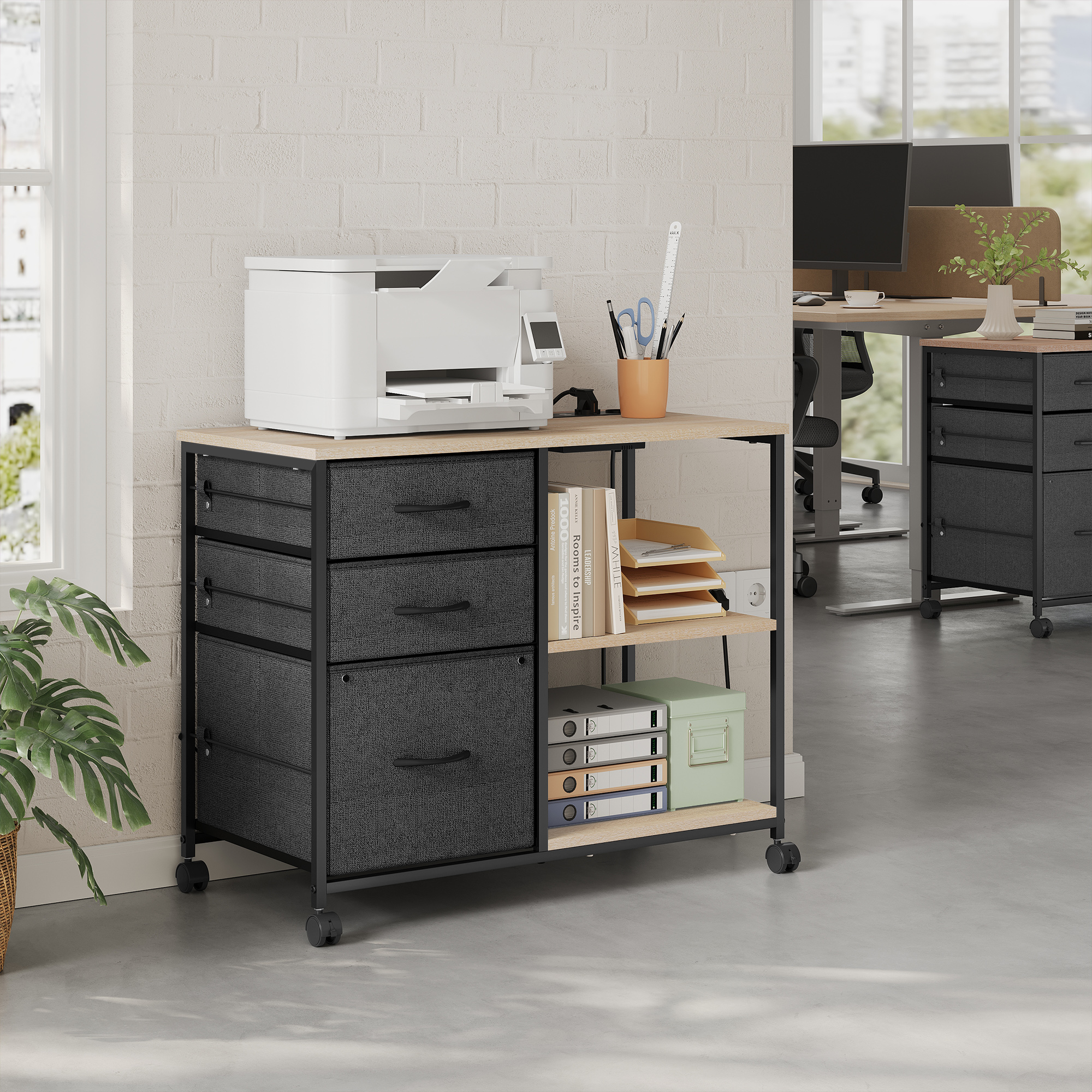 WOLTU Büro-Aktenschrank, Aktenschrank mit Ladestation, rollender Druckerständer mit Schubladen, Ordnerschrank für Wohnzimmer