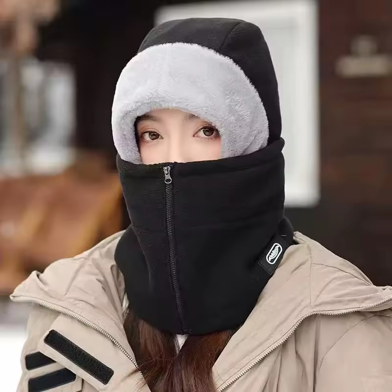 Winter Warm Integrated Plush Hat Outdoor Cycling Fleece Zipper Design Adjustable Windproof Mask Cycling Protective Equipment