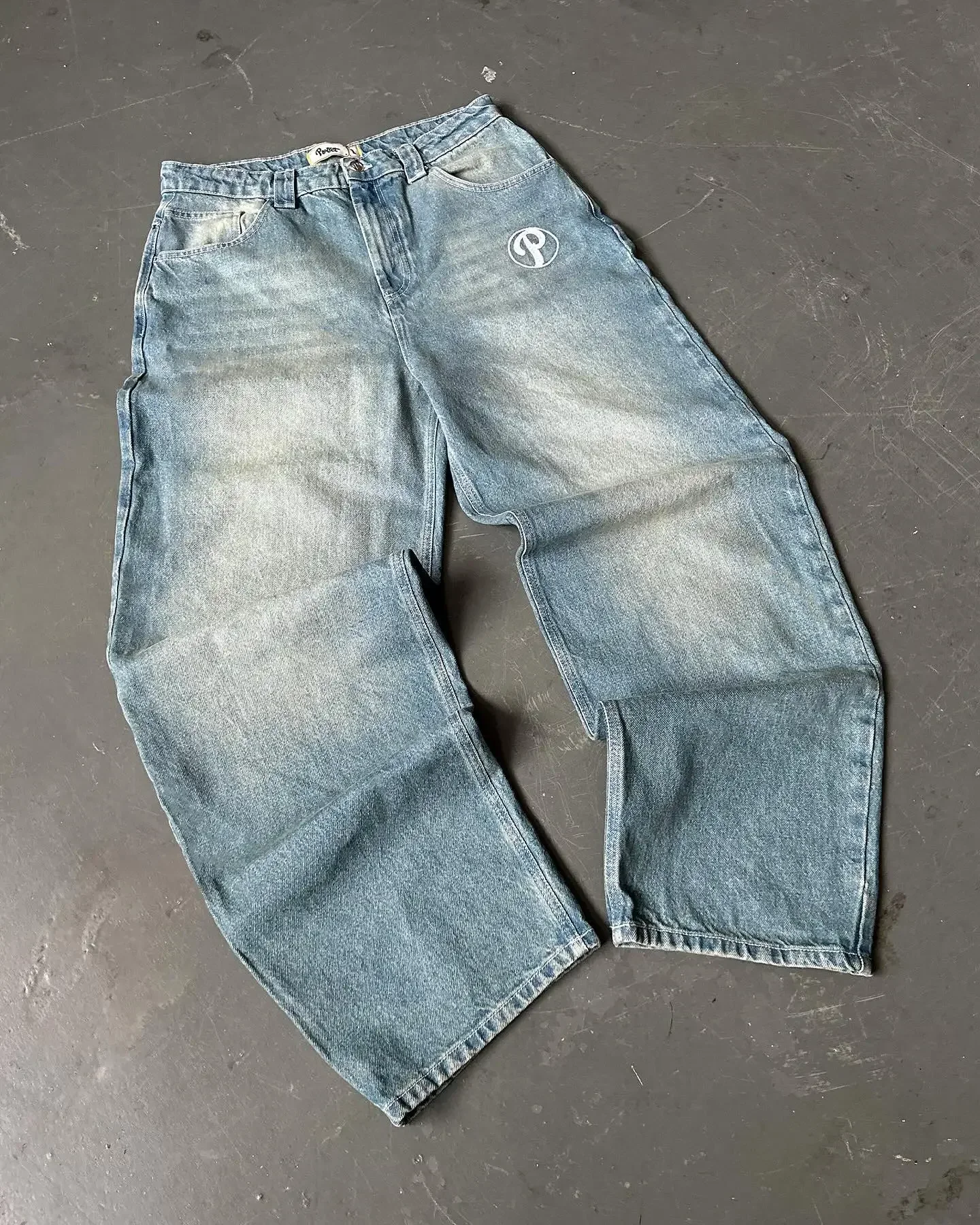 ストリート保護ジーンズ Y2K メンズパンツ原宿ヒップホップレター刺繍ヴィンテージブルーだぶだぶのジーンズハイウエストワイドレッグズボン
