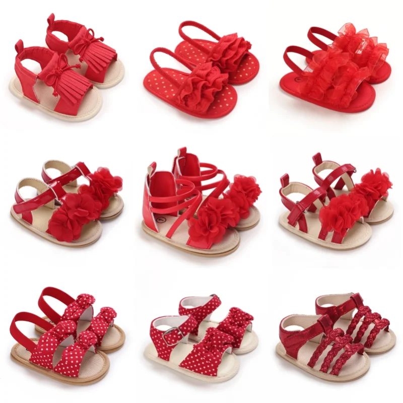 Sommer-Baby-Sandalen mit Blumenmuster, rot, festlich, niedlich, weiche Gummisohlen, bequeme, lässige Wanderschuhe für Kleinkinder