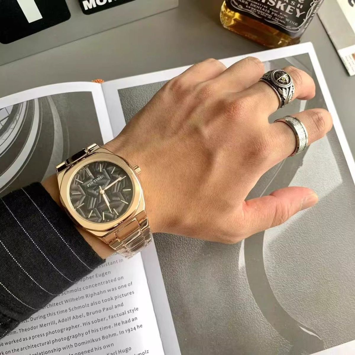 Relógio masculino casual de moda de dopamina quadrada cor em relevo padrão de folha relógio de banda de aço altamente à prova d'água