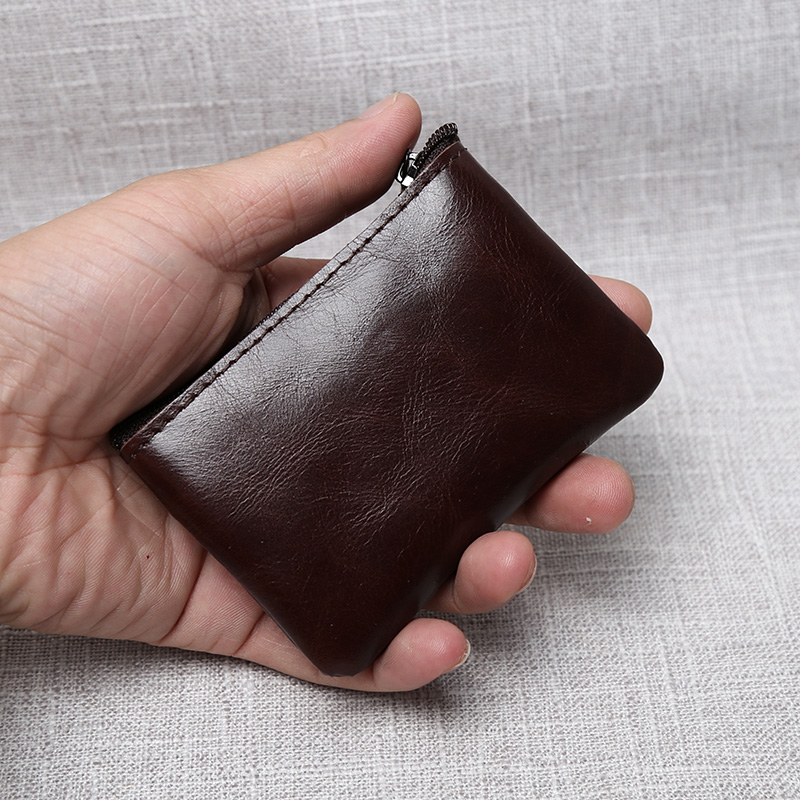 Mini-Geldbörse aus Leder, Unisex, einfach, tragbar, erste Schicht, Rindsleder, Retro, handgefertigt, Reißverschluss, kleine Geldbörse, Schlüsseletui