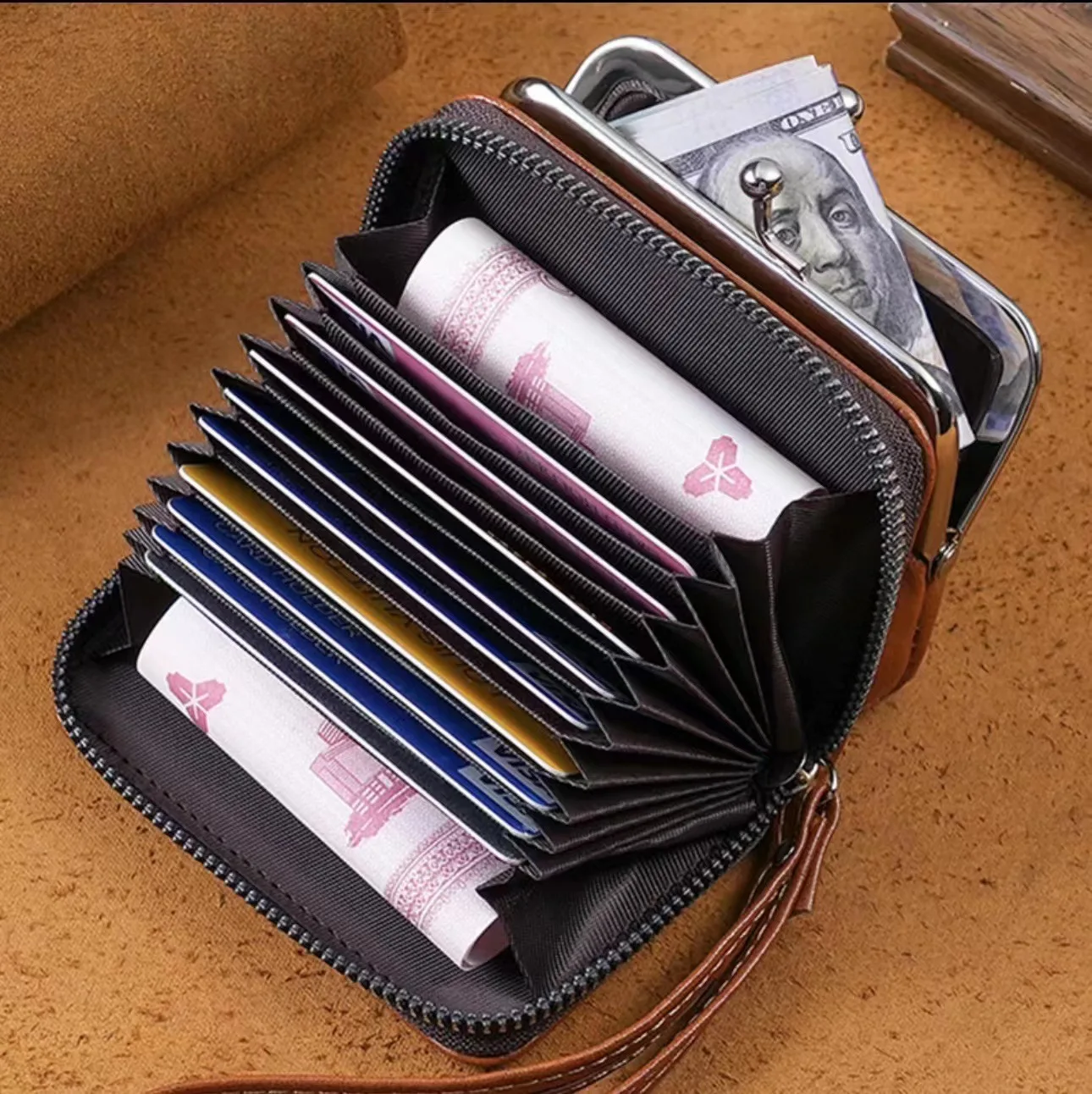 Tarjetero Vintage para mujer, bolso de mano pequeño con cordón, gran capacidad, de cuero, con cremallera, monedero con múltiples ranuras para tarjetas
