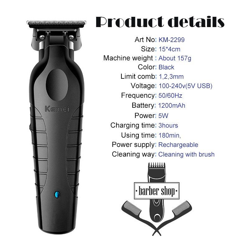 Kemei 2299 Barbiere Cordless Tagliacapelli 0mm Zero Gapped Carving Clipper Detailer Macchina da taglio elettrica professionale per finiture