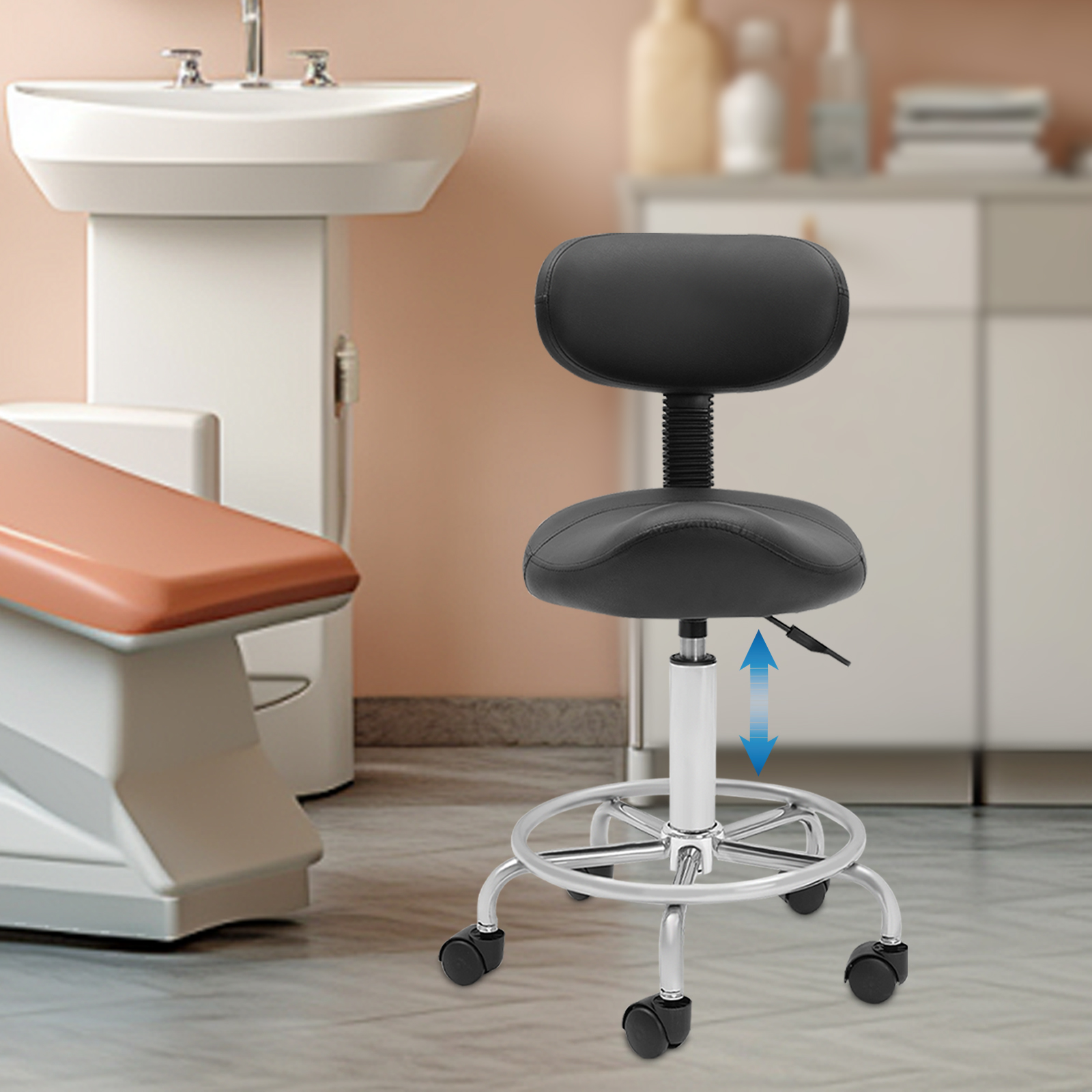 Sattelhocker mit Rückenstütze, hebender Sattelhocker für Büro, Spa, ergonomisch verstellbarer rollender Sattelhocker, Stuhl mit Rollen