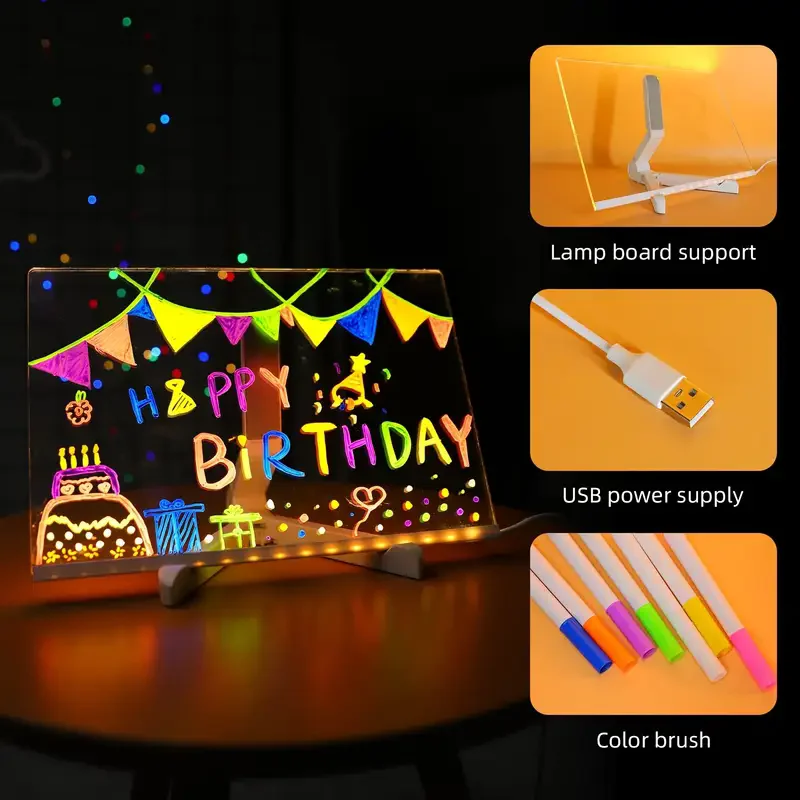 DIY-Acryltafel mit Nachtlicht, 7 Farben, Stifte, LED-Notiztafel für Kinder, LED-Schreibtafel, LED-Zeichenbrett