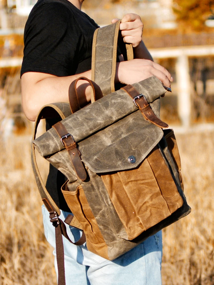 Muchuan mochilas de lona vintage de luxo para homens, mochila de viagem de couro com cera de óleo, mochilas grandes à prova d'água, mochila retrô