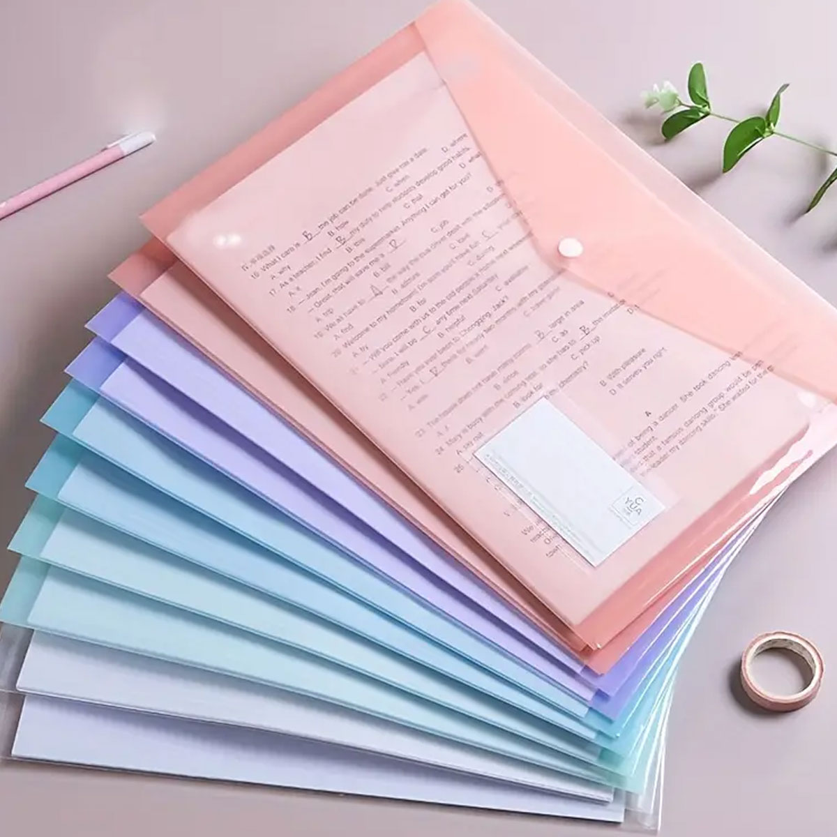 Sobre de plástico PP de WQN-5PCS, sobre de plástico transparente reutilizable, carpeta impermeable con botón, tamaño A4, suministros escolares y de oficina