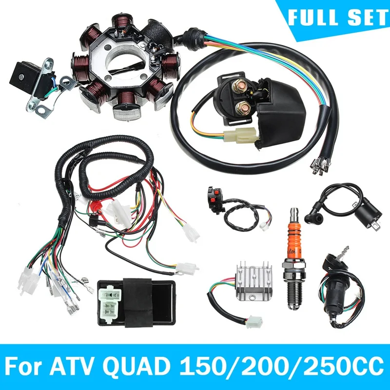 1 conjunto de cablagem tear cdi bobina de ignição vela de ignição interruptor solenóide relé para 150cc 200cc 250cc atv dirt bike estator