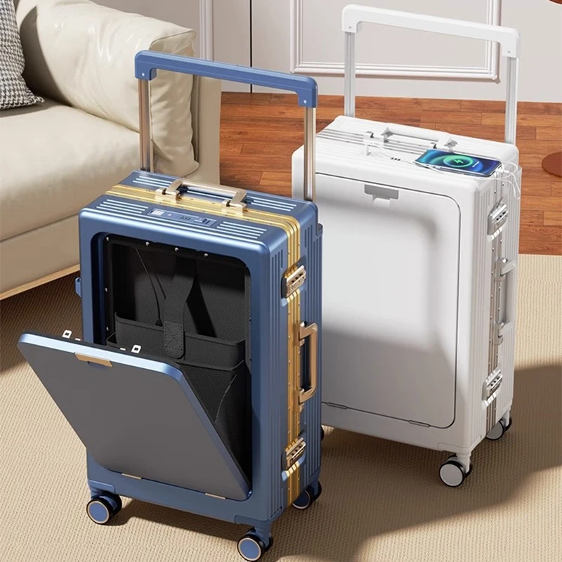 Silbernes breites Trolley-Gepäck mit Frontöffnung, multifunktionaler USB-Ladeanschluss, 20-Zoll-Boarding-Schließfach, Notebook-Business-Koffer