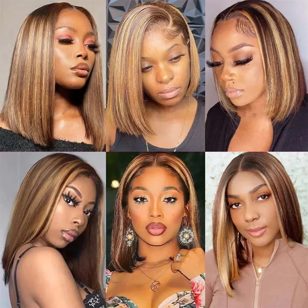 BOB วิกผม 13x4 ตรง Remy ผม Ombre 4/27 Highlight วิกผมผมมนุษย์โปร่งใสลูกไม้ด้านหน้าวิกผมมนุษย์สําหรับผู้หญิงสีดํา