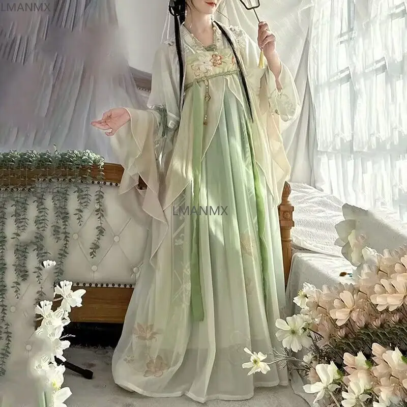 Hanfu ชุดนางฟ้าจีนโบราณชุดคอสเพลย์ผู้หญิงโบราณชุด Hanfu ชุดนักเรียนสีเขียวและสีฟ้าขนาดใหญ่พิเศษ