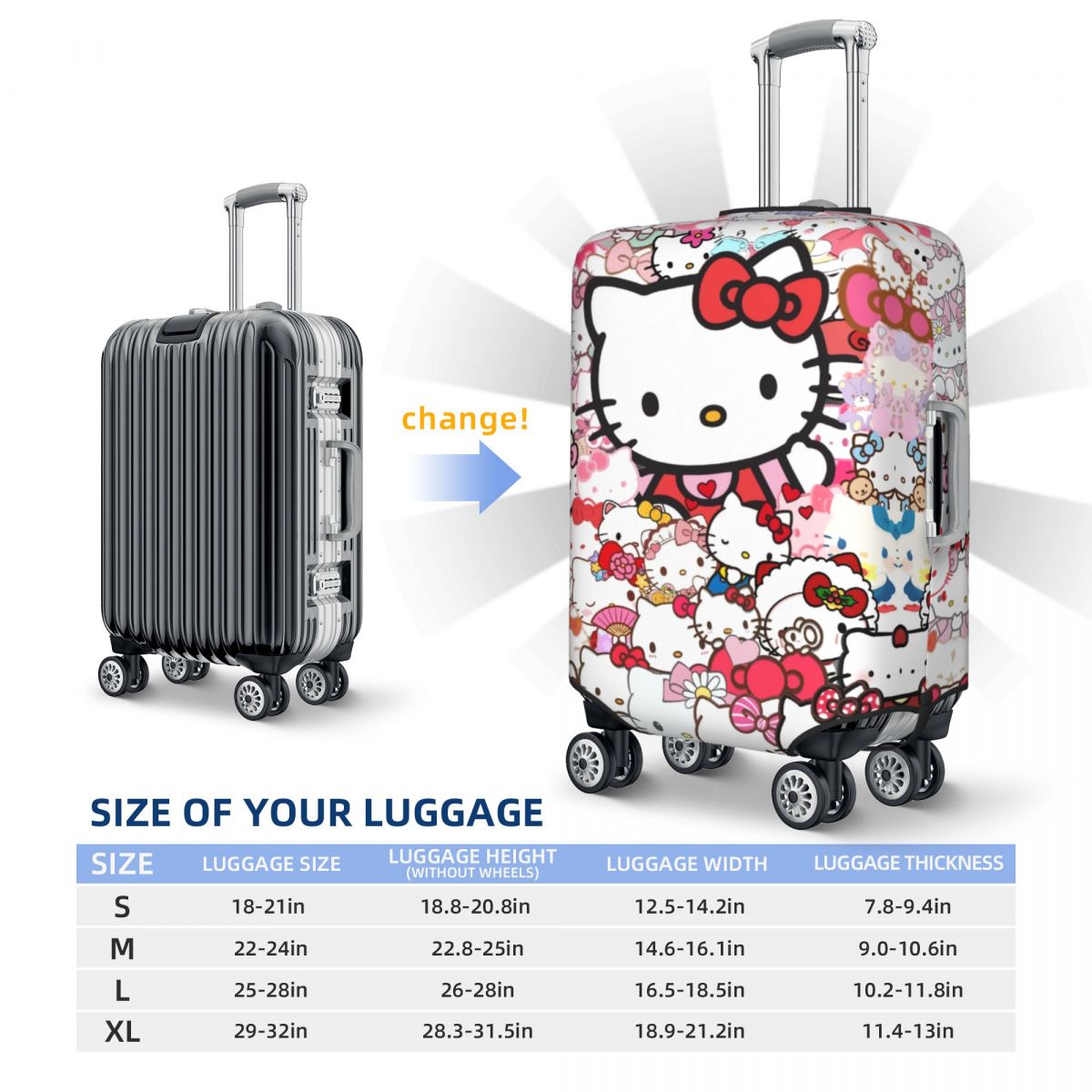 Capa de bagagem de viagem personalizada Hello Kitty Sanrio lavável protetor de mala adequado para 18-32 polegadas
