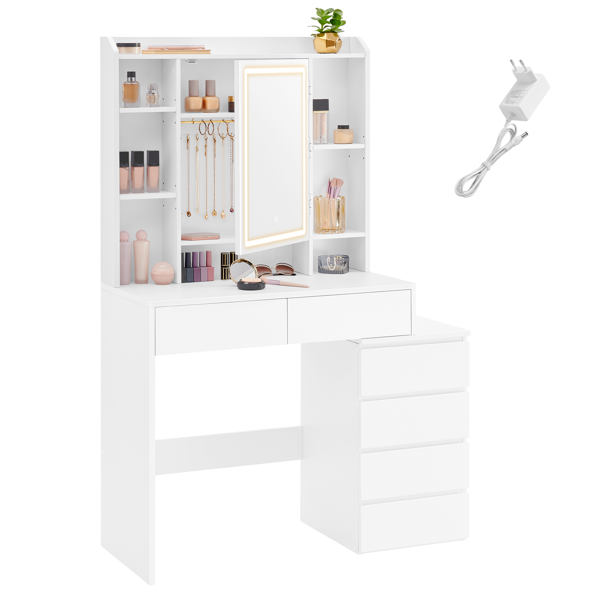 VASAGLE Makeup Vanity with Adjustable Brightness LED Lights, Mirror, Open Compartments, Adjustable Shelves, Modern White Cloud