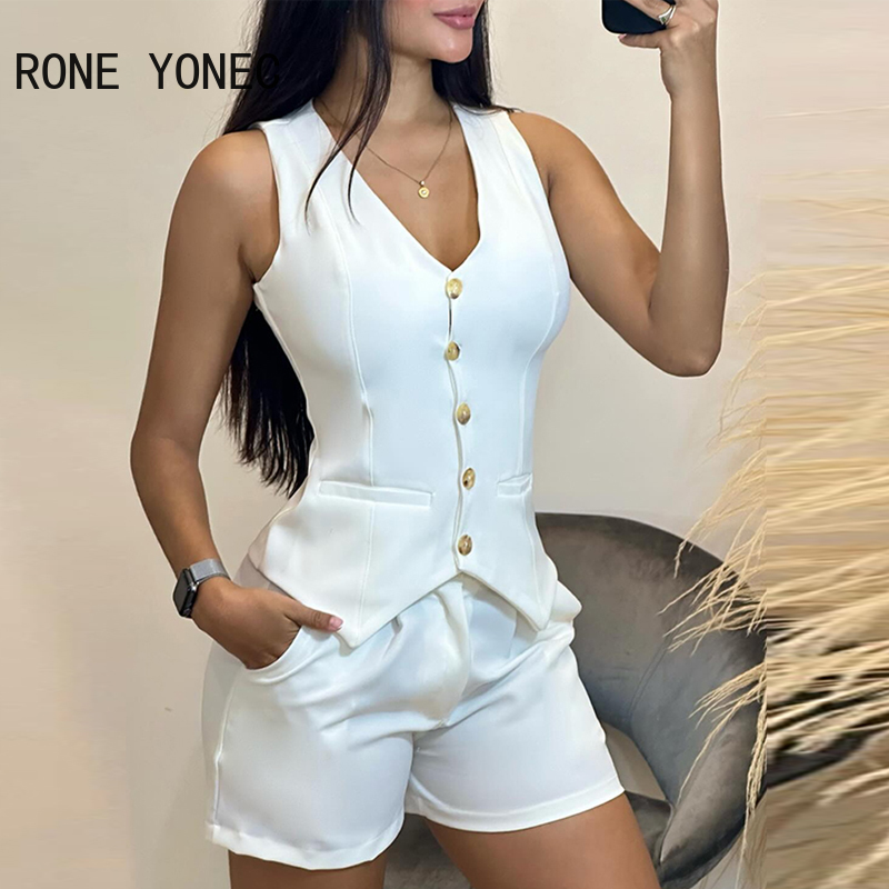 2024 Conjunto de chaleco y pantalones cortos con cuello en V y botones para mujer, trajes de chaqueta para mujer
