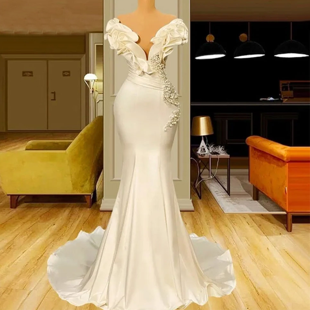 Современное свадебное платье русалки с открытыми плечами, оборками, бисером и складками, платье невесты длиной до пола, со шлейфом по индивидуальному заказу