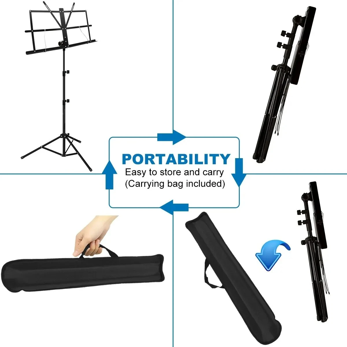 Portable and Adjustable Stable Music Stand with Carrying Bag - Collapsible and Folding Metal Music Sheet Stand