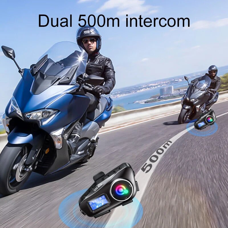 Q58-MAX-Auriculares Bluetooth para casco de motocicleta, intercomunicador con iluminación LED Dual de 500M, IP65, impermeable, estéreo, Radio FM