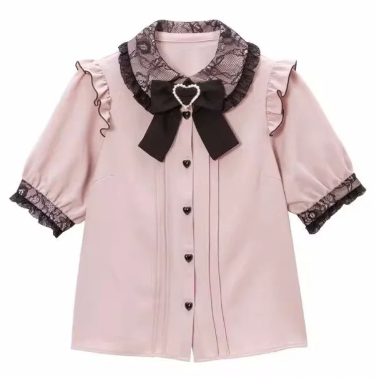 Japanese Kawaii Lapel Neck Bow Shirts Women Summer Short Sleeve Lace Lolita Blouses Y2k Grunge Heart Button Blusas Mujer