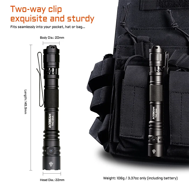 ACEBEAM TAC 2AA LED flashlight 1600 lumen 181 meters portable EDC flashlight USB-C rechargeable battery double buttons torch