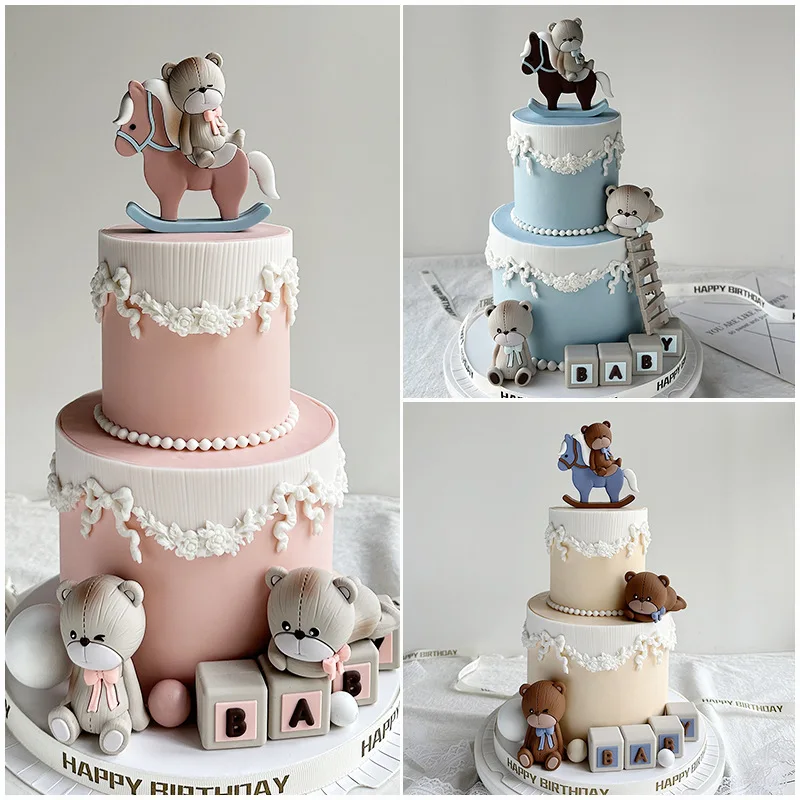 Pink Blue Bear Birthday Cake Toppers Adorable Baby's Happy One 1st Birthday Cake Baby Shower Bear Theme Party Gender Reveals