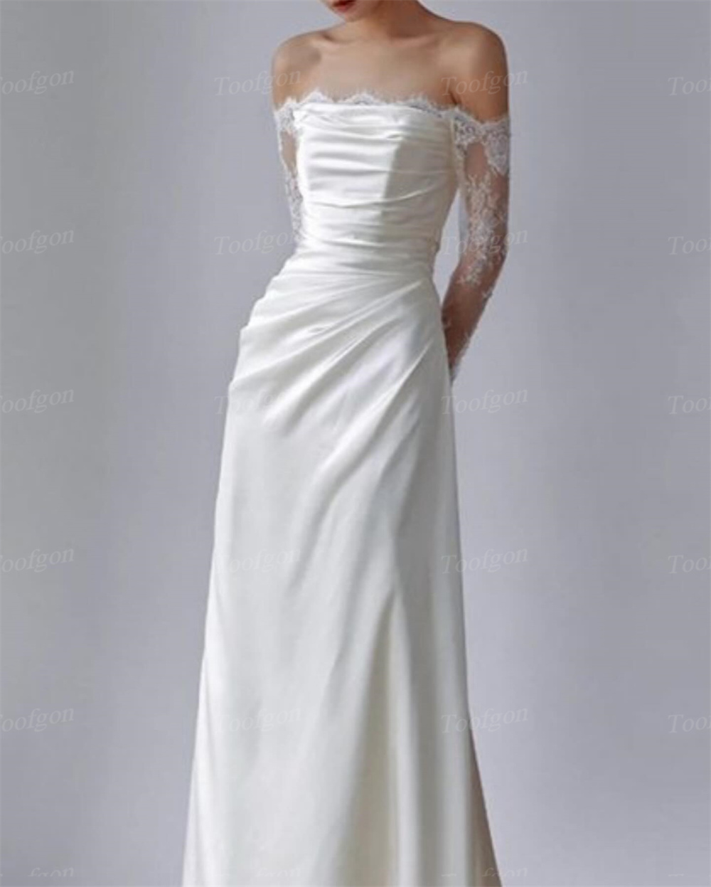 Toofgon Aangepaste Kant Lange Mouwen Trouwjurken Schede Plooien Spandex Satijn Bruiloft Bruidsjurken Bruid Formele Feestjurk