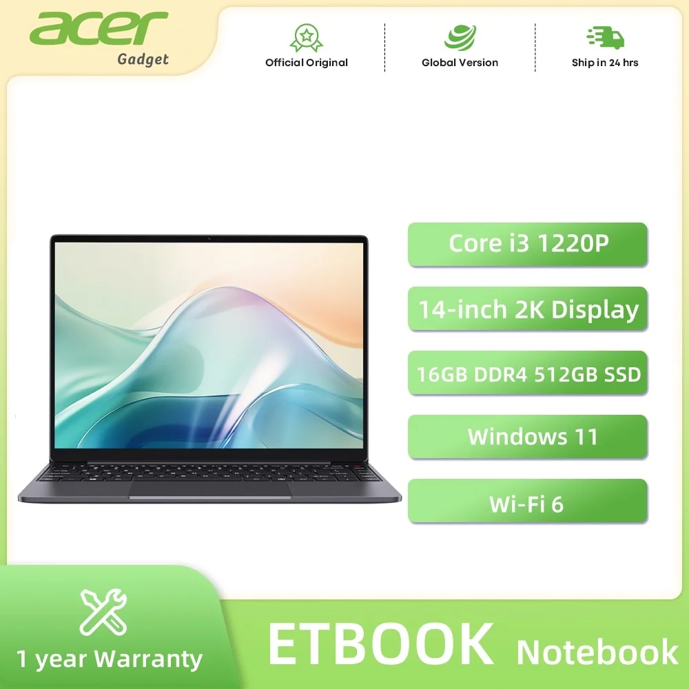 Acer Gadget e10 ETBook Laptop 14" 2K Display Intel Core i3-1220P 16GB RAM 512GB SSD  WiFi6 Windows 11 Ultra-thin/Light Notebook