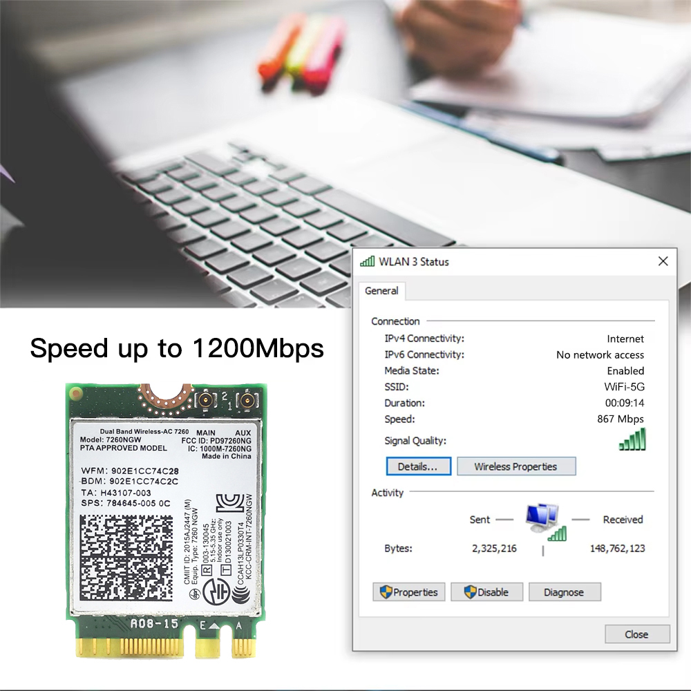 7260AC Bluetooth4.0 WiFi 1200Mbps tarjeta de red inalámbrica NGFF M.2 Wifi Dongle 802.11AC banda Dual 2,4G 5G para ordenador portátil AC 7260NGW