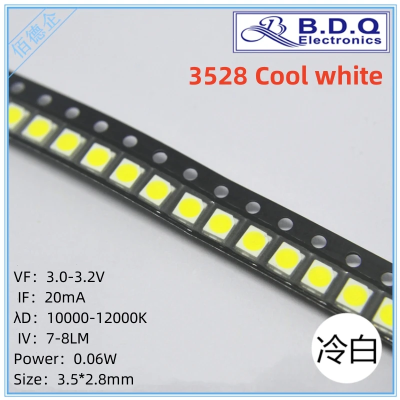 Cuentas de lámpara LED SMD 3528, color blanco frío, 10000-12000K, tamaño de luz 1210, diodo emisor de luz, alta calidad brillante, 100 piezas