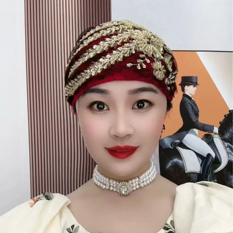 Gorros de turbante de encaje con bordado de diamantes brillantes para mujer, pañuelo musulmán para la cabeza, gorros para mujer, gorro diario, gorro para cubrir el cabello