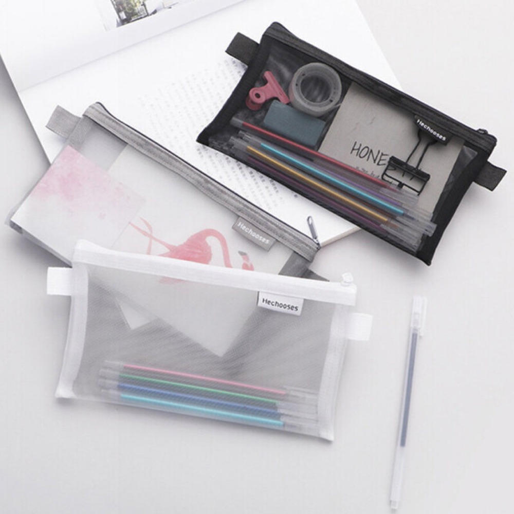 1pc transparente visível saco de malha de náilon estudante exame papelaria saco de armazenamento com zíper simples grande capacidade portátil material estudo