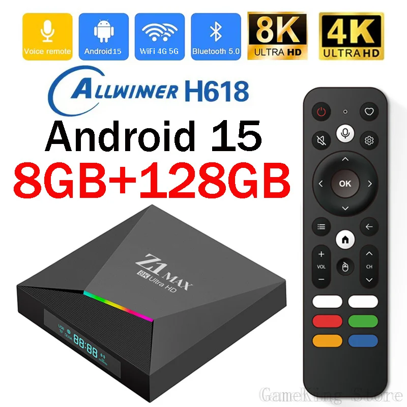 Android box 4g Android 15 iptv Z1 Max TV Box 4K 8K HD Allwinner H618 BT 5,0 4G 5G WiFi dual 8GB 128GB Control remoto por voz allwinner