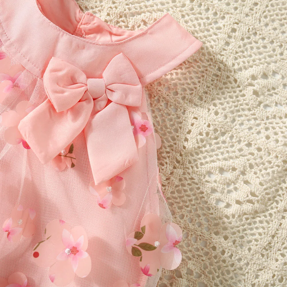 (0-3 Years Old) Summer Mesh All Over Flower Bow Baby Girl Dress Cute Sleeveless Girl Princess Dress