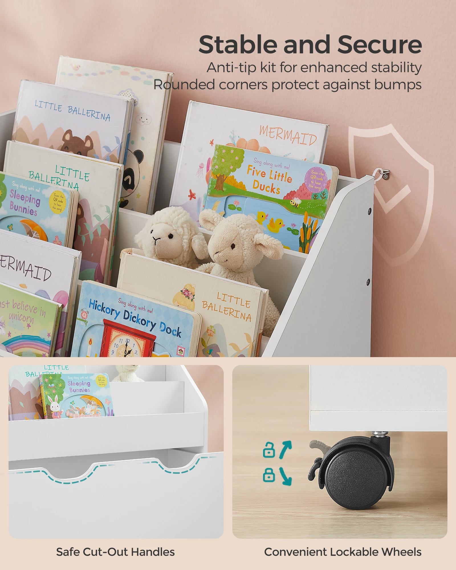 SONGMICS Kids Bookshelf and Toy Organizer, Toy Storage Chest and Bookcase with 3 Shelves, Storage Box with Wheels, Multipurpose