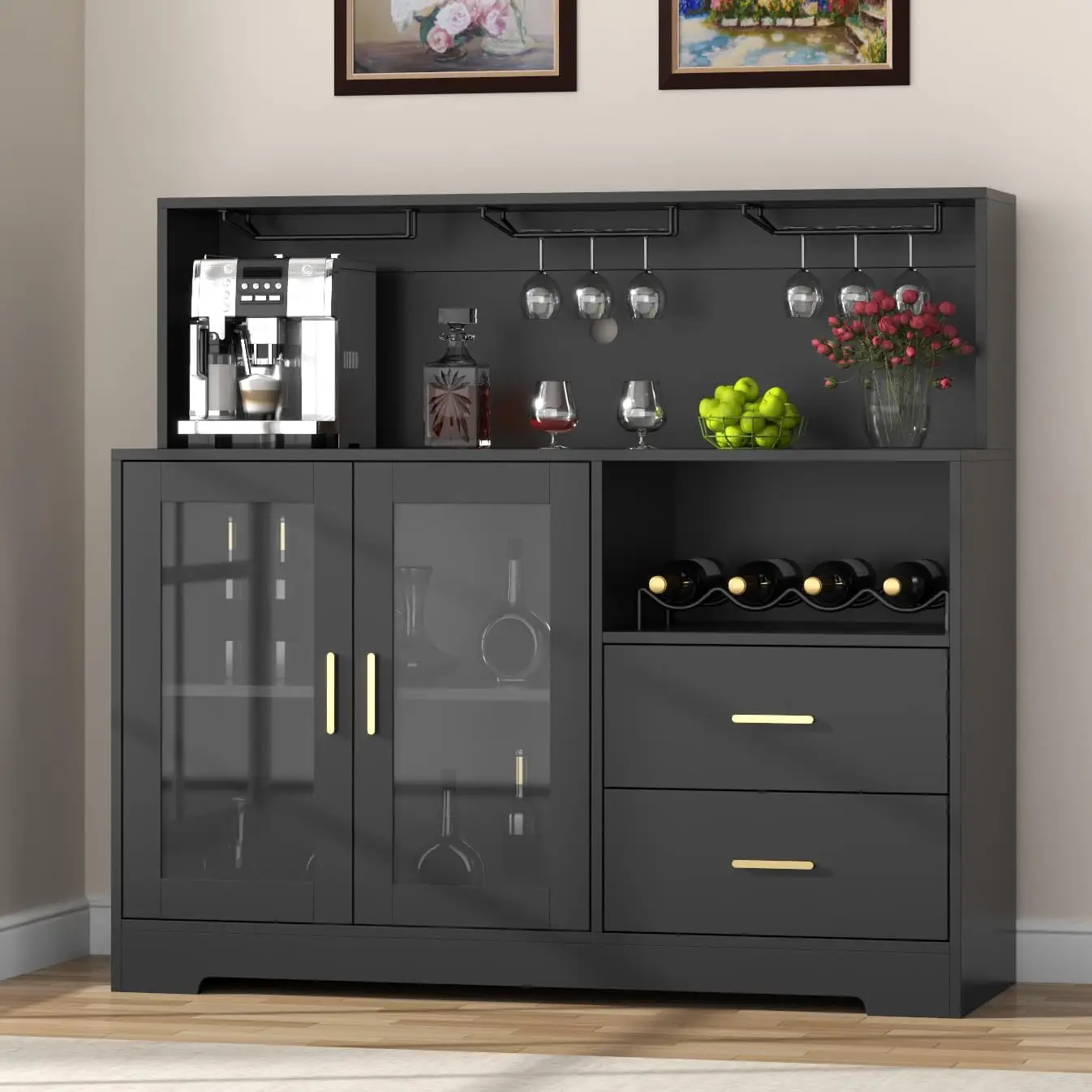 Wine Bar Cabinet with LED Light, Home Coffee Cabinet with Wine and Glass Rack, Kitchen Buffet Sideboard with Storage Cabinet&
