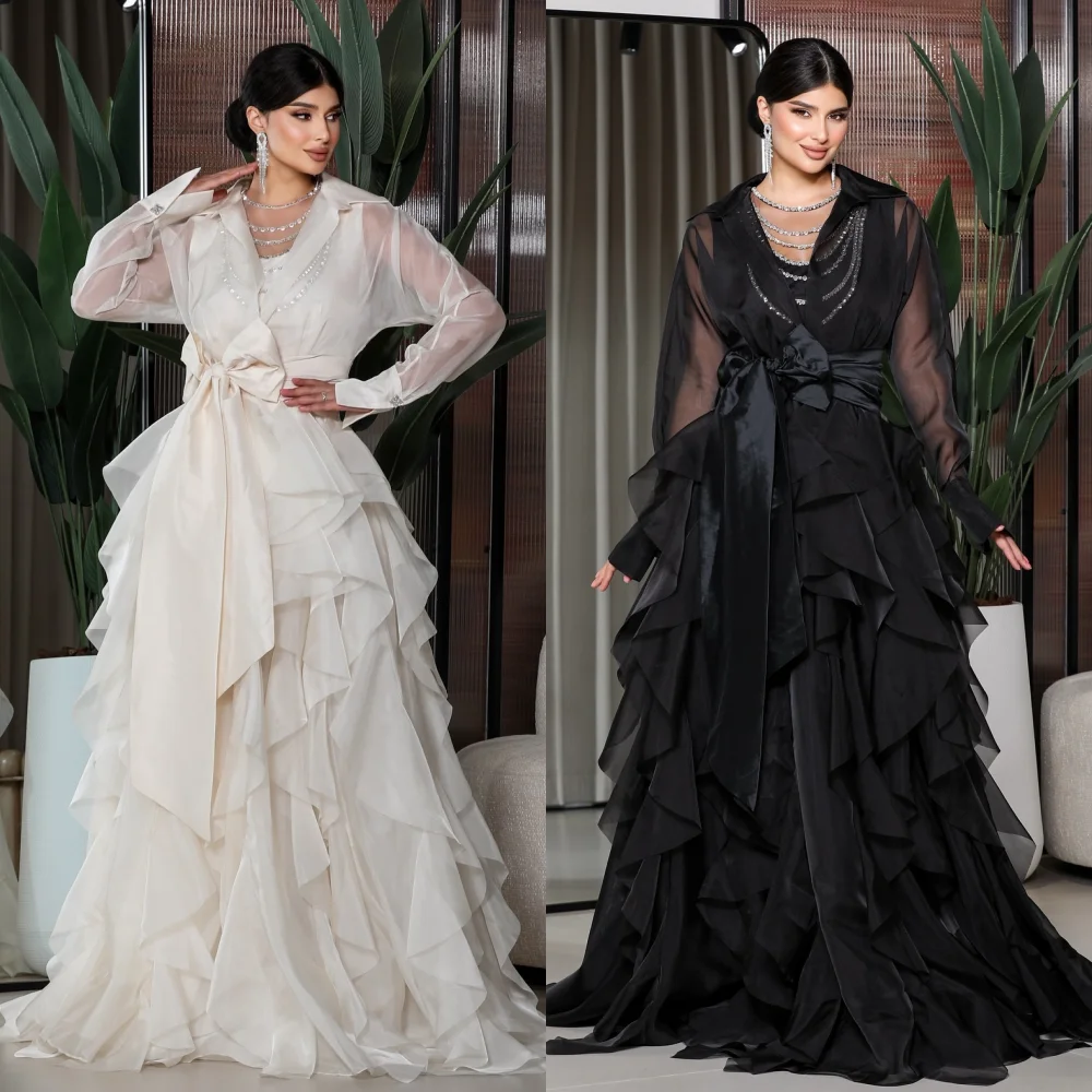 Personalizado intrincado moda organza plissado ruched drapeado faixa arco a linha com decote em v vestidos longos sob medida vestidos de ocasião formal