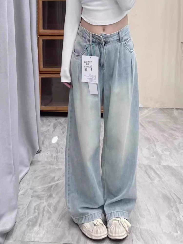 Calças Jeans de  de Cintura Alta com Pernas Retas para Mulheres, Finas, de Seda Gelada, Soltas, Crimento até o Chão,...