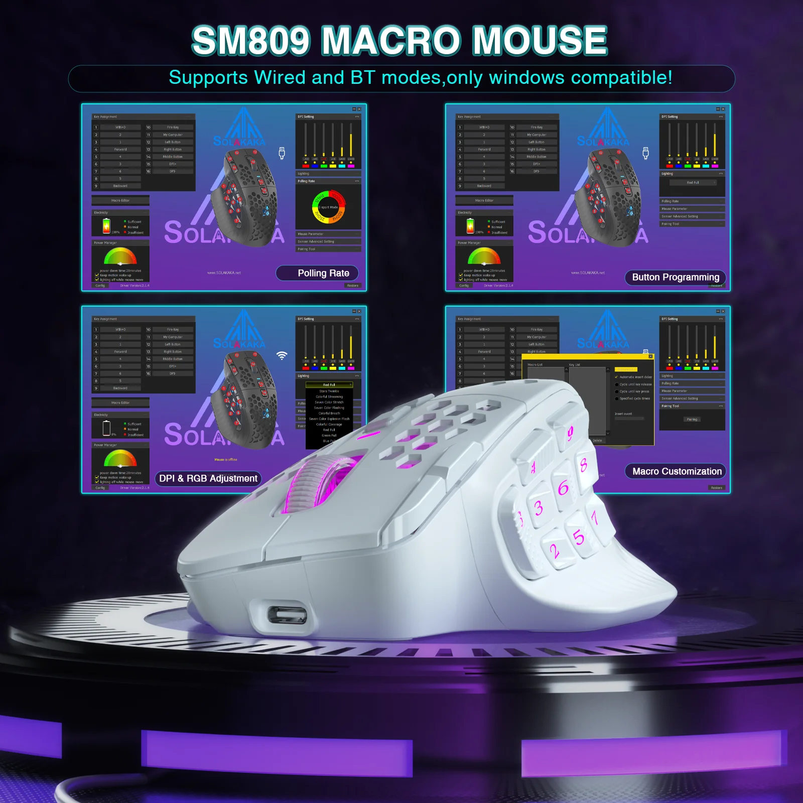 SOLAKAKA SM809 Pro ratón inalámbrico para juegos MMO PAW3311 16 botones laterales 24000 DPI RGB panal programable Macro ratón inalámbrico