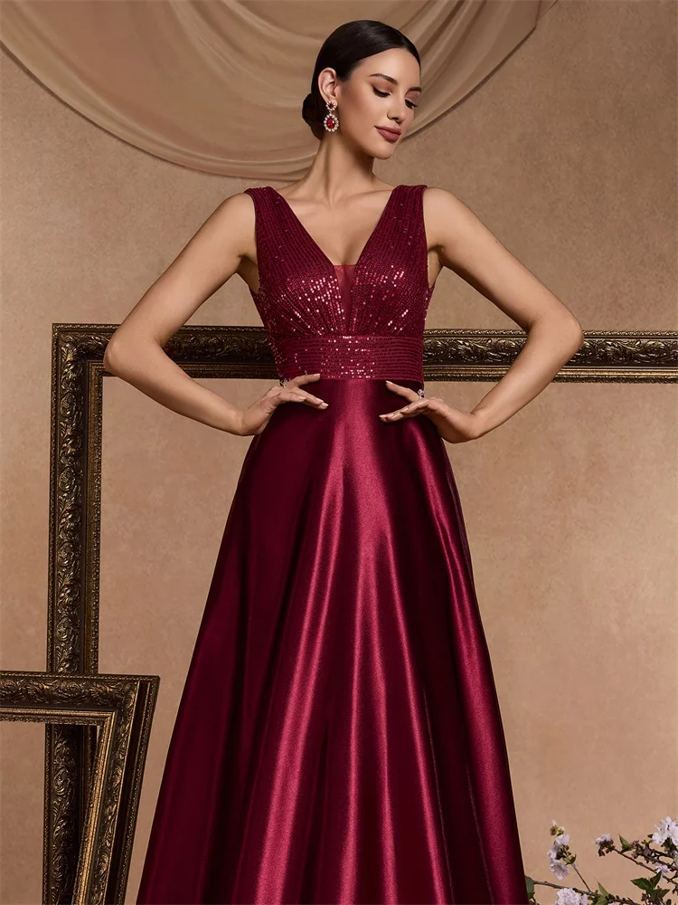 Lucyinlove Elegant Sequins ชุดราตรีสําหรับผู้หญิง 2024 ลึก V คอซาตินพรหมปาร์ตี้ชุดสีเขียวความยาวชั้นสีฟ้า Gowns อย่างเป็นทางการ