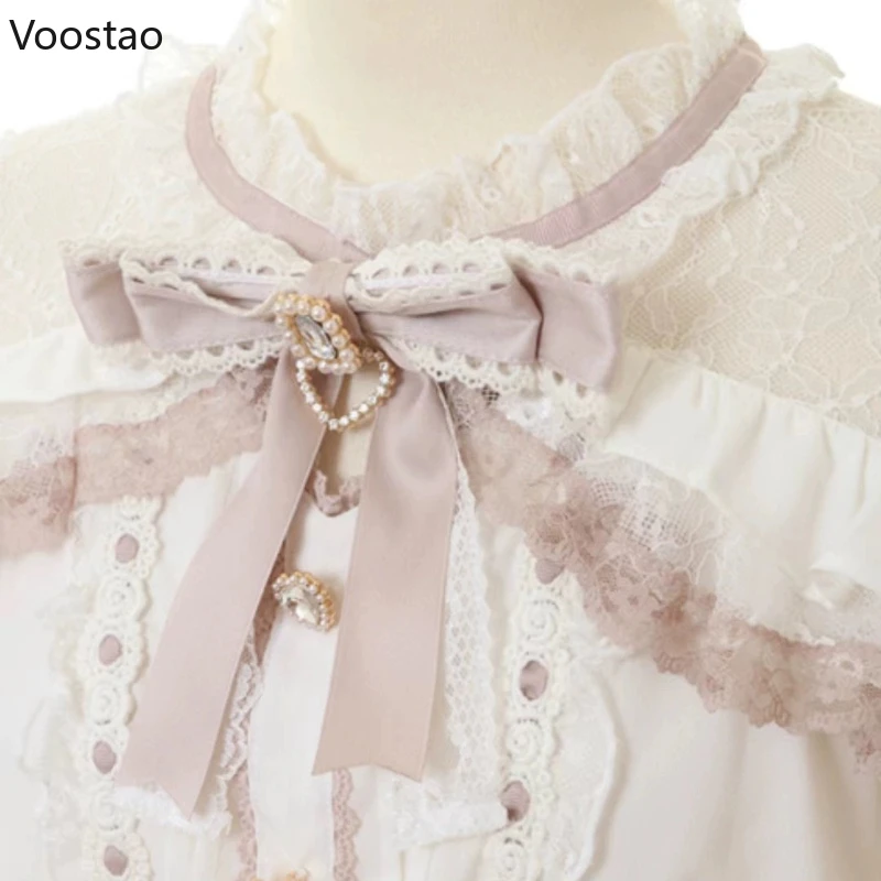 女性の愛の心の弓オフショルダーブラウス、日本の愛らしいロリータブラウス、女の子のためのjkシャツ、カジュアルレースフラップトップ、エレガント