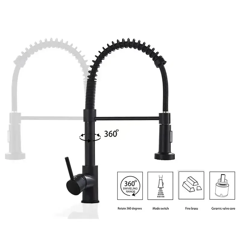 Matt Schwarz Pull Down Küche Wasserhahn Chrom Dual Modi Düse Heiß Kalt Wasser Mixer Kran Wasserhahn Messing Frühling Küche Waschbecken Armaturen
