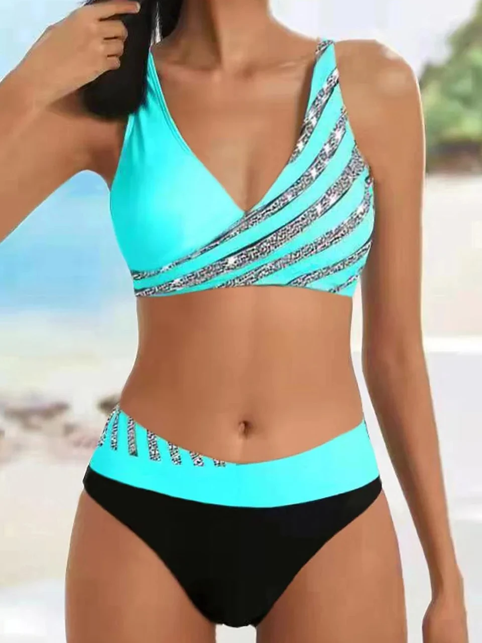 Col en V Bikini ensemble 2024 femmes rayure imprimé maillots de bain mosaïque été maillots de bain maillot de bain femme baigneurs maillot de bain 2XL